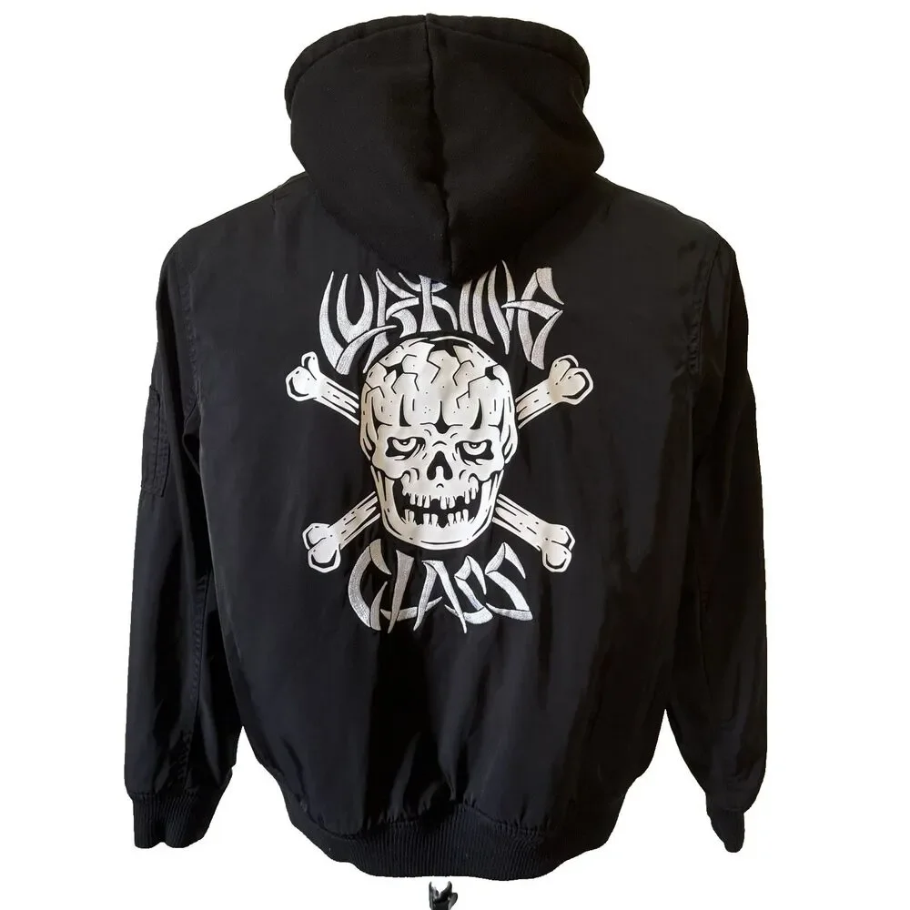 Lurking Class by Sketchy Tank Bomber Jacket Men's Size L Hooded Bones Skulls